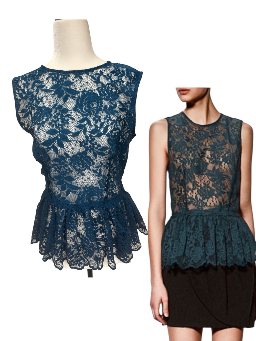 Zara Woman Sleeveless Sheer Teal Floral Lace Peplum Top Blouse Size M